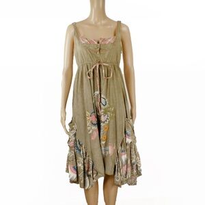 Vintage Rene Derhy Paris Green Boho Peasant Floral Embroidered Beaded Dress